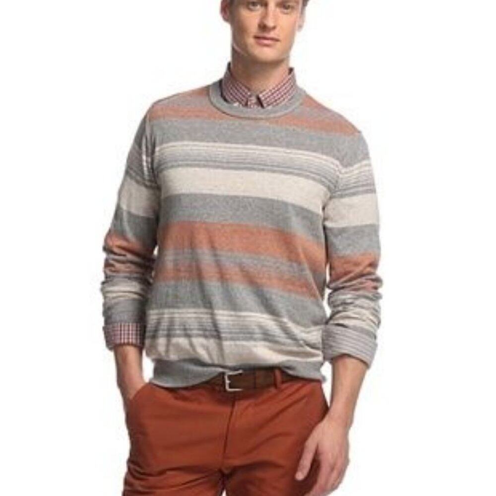 Perry Ellis Men's Crewneck Sweater Long Sleeve Grey Striped  Large